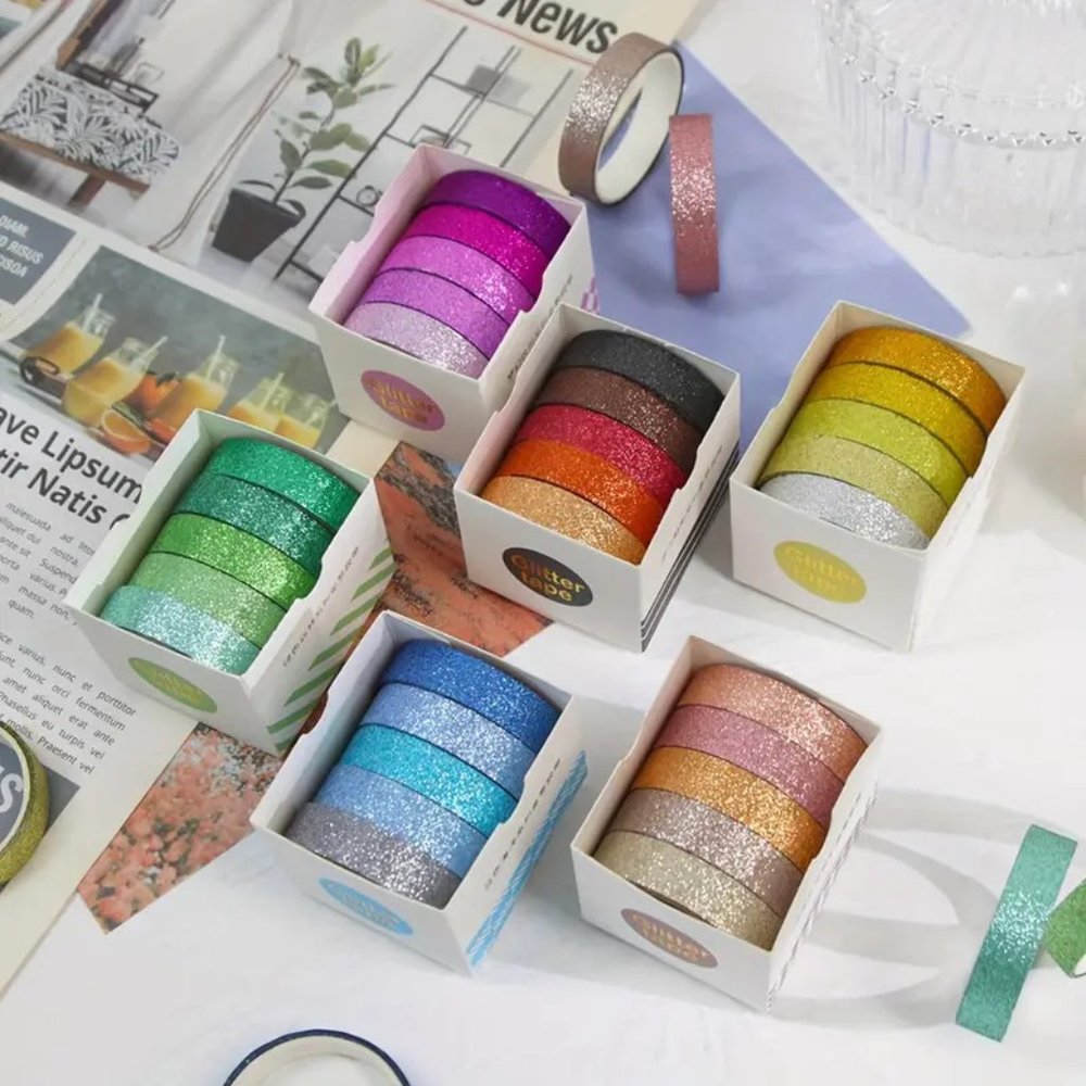 NEW Set of 6 - 5 Rolls Boxed Glitter Powder Glitter Shimmer Washi Tape - Variety - Picture 2 of 10